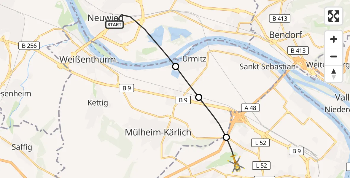 Flugroute Rettungshubschrauber Neuwied - Koblenz, 25 Mai 2026, 13:15