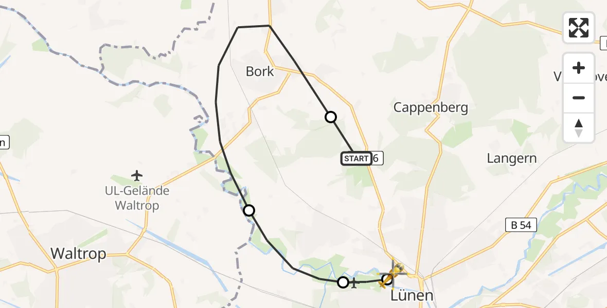 Flugroute Rettungshubschrauber Lünen - Sankt Marien Hospital, 25 Mai 2026, 13:19
