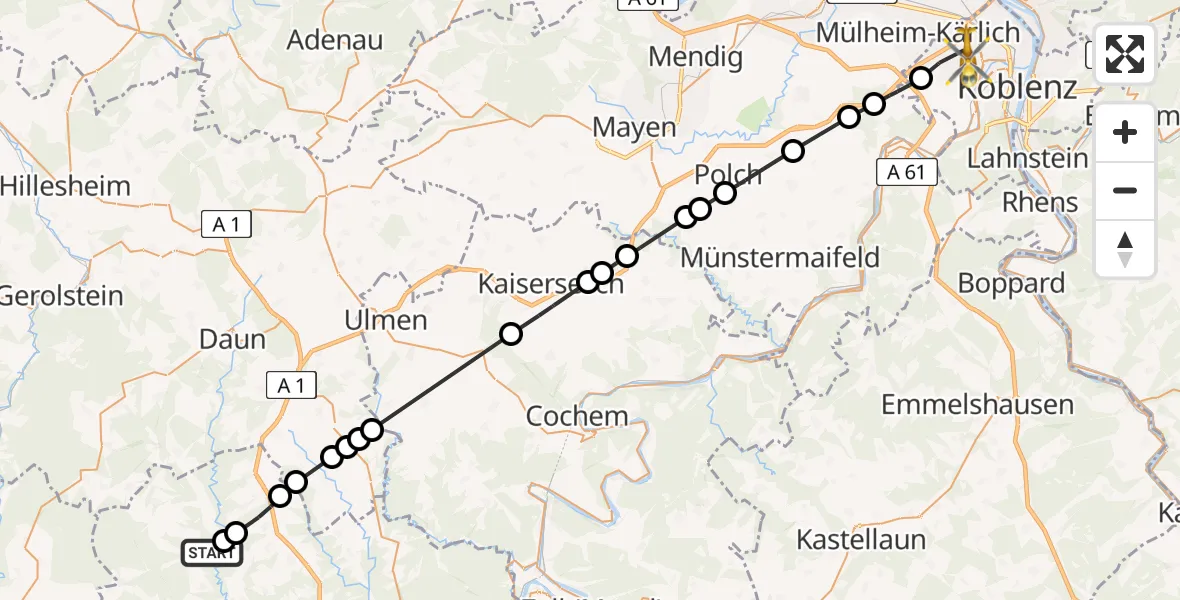 Flugroute Ambulanzhubschrauber Karl - Koblenz, 25 Mai 2026, 13:19