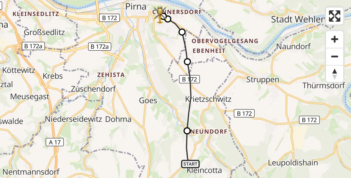 Flugroute Rettungshubschrauber Dohma - Pirna Hospital, 25 Mai 2026, 13:21