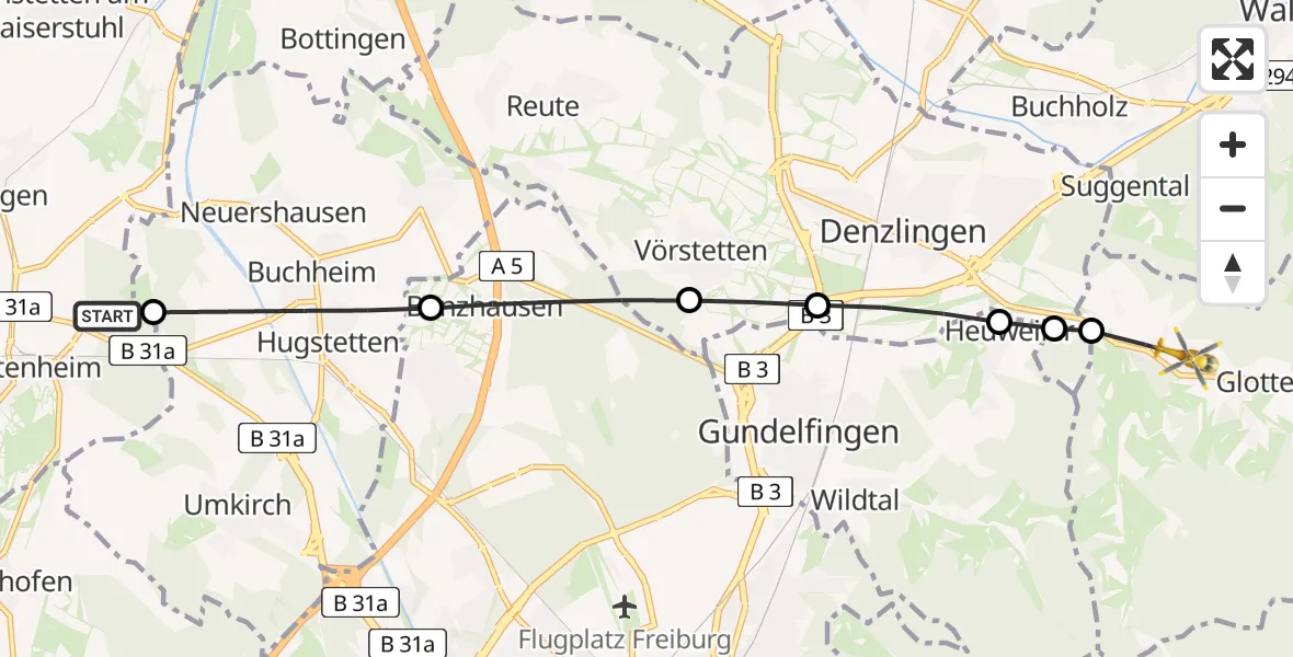 Flugroute Rettungshubschrauber Gottenheim - Glottertal, 25 Mai 2026, 13:24