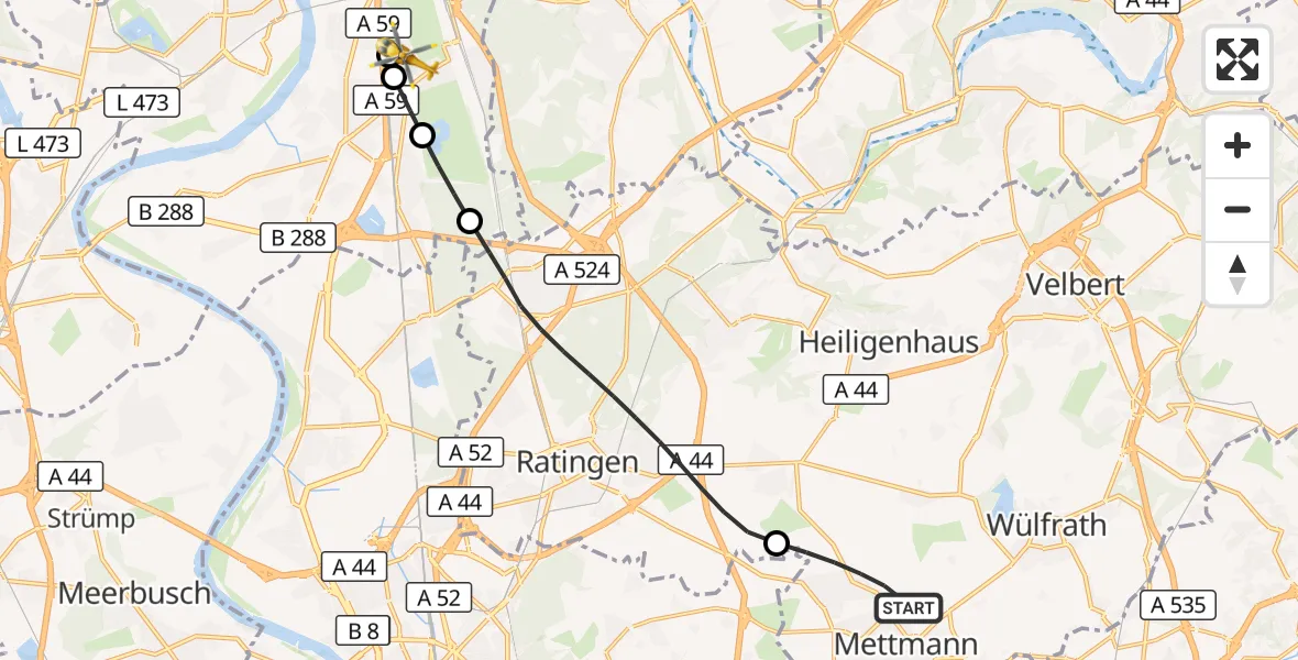 Flugroute Rettungshubschrauber Mettmann - Sana Clinic Duisburg Hubschrauberlandeplatz, 25 Mai 2026, 13:27