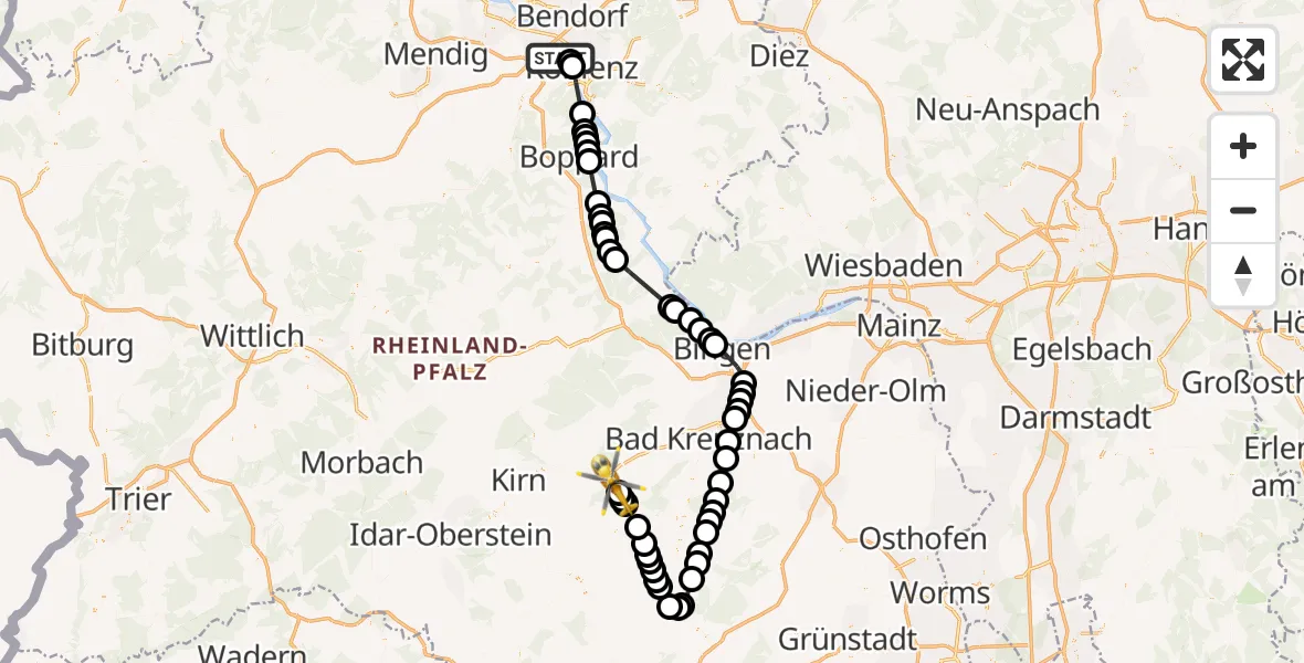 Flugroute Rettungshubschrauber Koblenz - Bad Sobernheim, 25 Mai 2026, 13:31