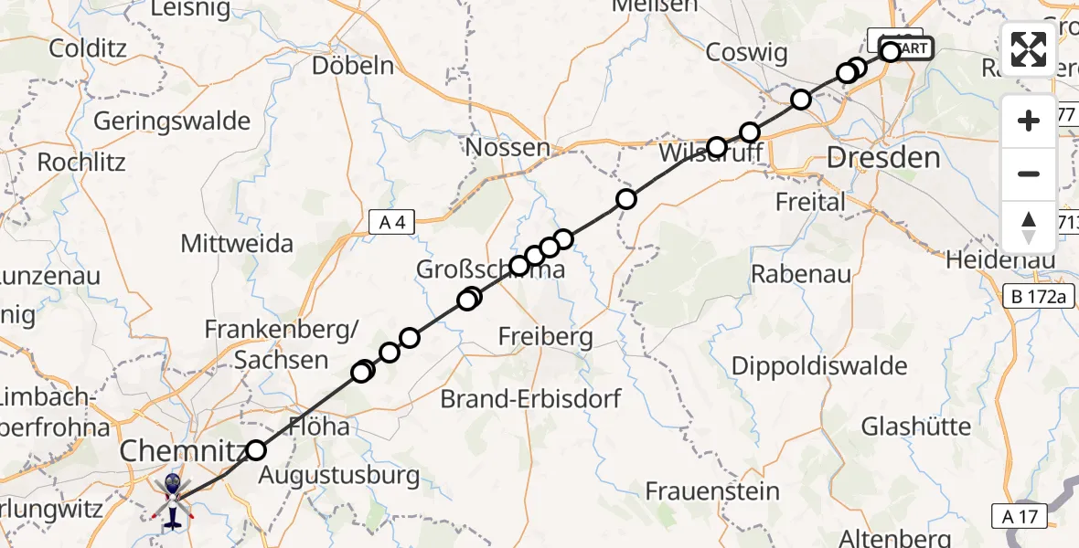 Flugroute Polizeihubschrauber Dresden Flughafen - Chemnitz, 25 Mai 2026, 13:33