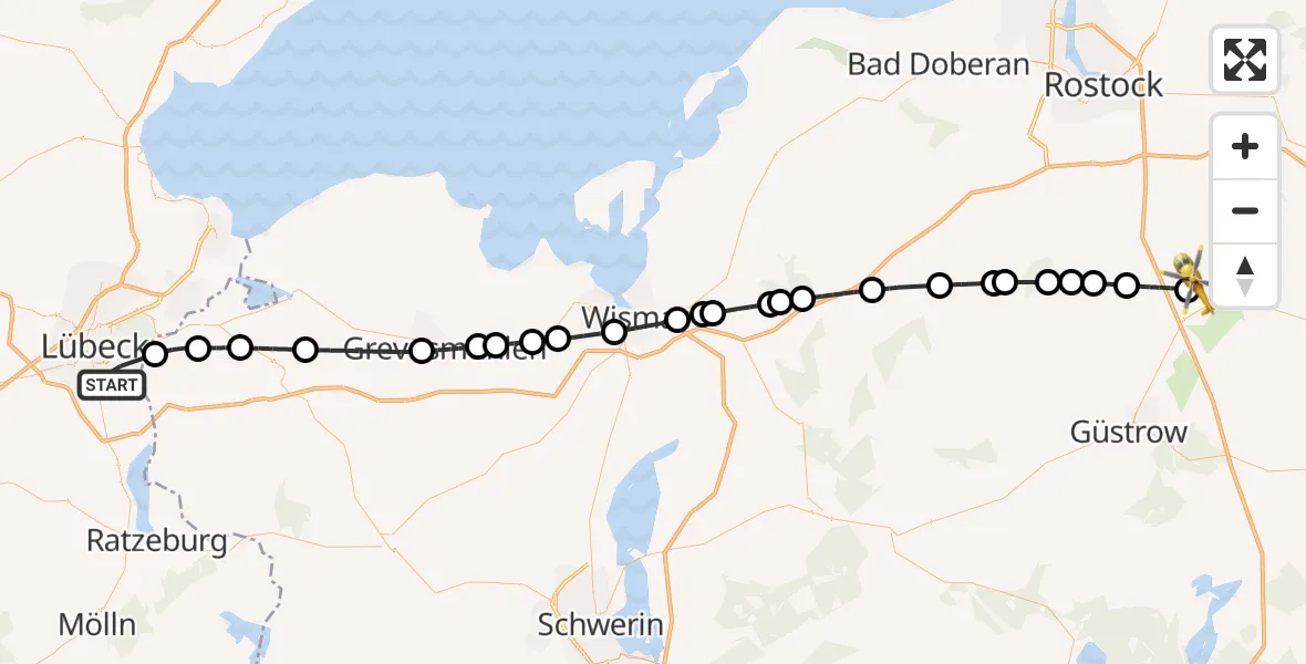 Flugroute Rettungshubschrauber Lübeck - Flughafen Rostock-Laage, 25 Mai 2026, 13:33