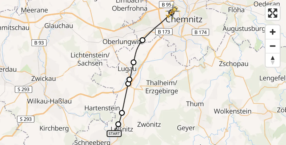 Flugroute Rettungshubschrauber Aue-Bad Schlema - Flemmingstraße Hospital Ground, 25 Mai 2026, 13:35