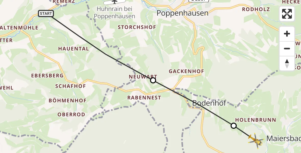 Flugroute Rettungshubschrauber Ebersburg - Gersfeld (Rhön), 25 Mai 2026, 13:36
