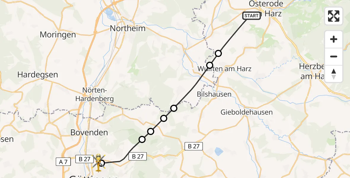 Flugroute Rettungshubschrauber Osterode am Harz - Göttingen University Clinic Hubschrauberlandeplatz, 25 Mai 2026, 13:38