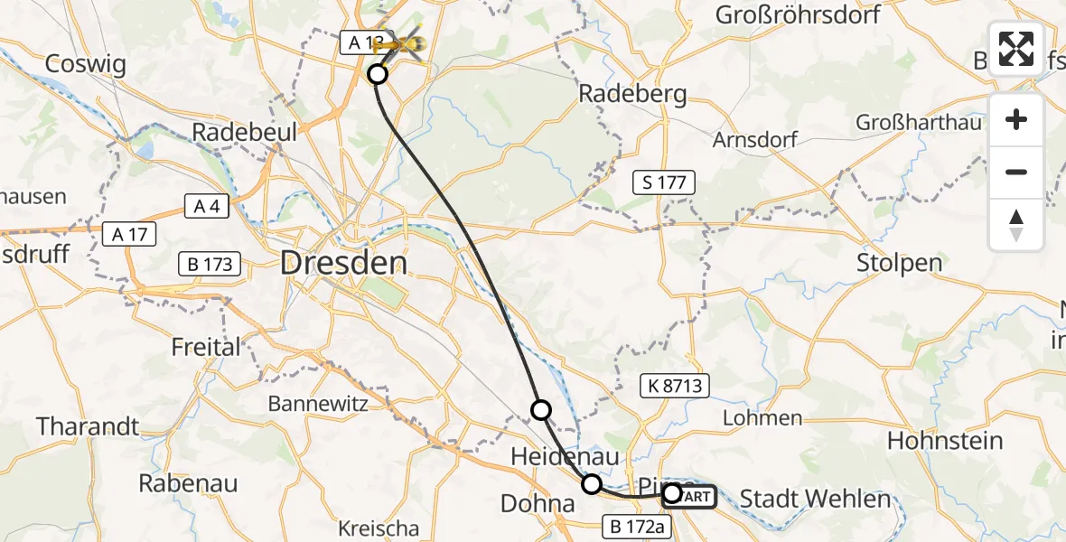 Flugroute Rettungshubschrauber Pirna Hospital - Dresden Bundespolizei Hubschrauberlandeplatz, 25 Mai 2026, 13:39