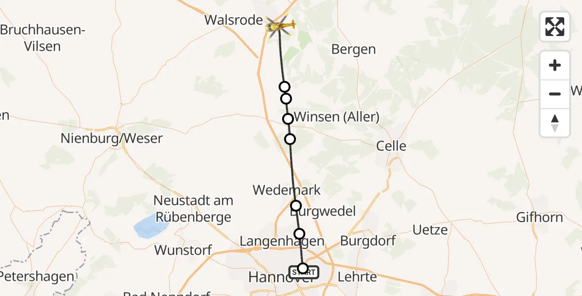 Flugroute Rettungshubschrauber Hannover Luftrettung Hubschrauberlandeplatz (Christoph 4) - Osterheide, 25 Mai 2026, 13:39