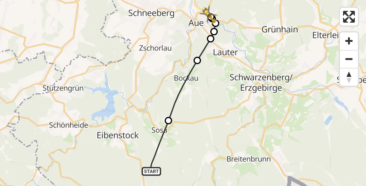 Flugroute Rettungshubschrauber Eibenstock - Helios Clinic Aue, 25 Mai 2026, 13:41