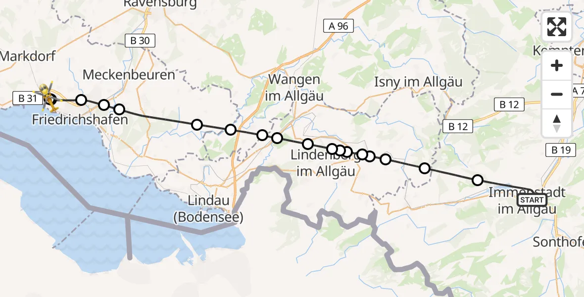 Flugroute Rettungshubschrauber Immenstadt i.Allgäu - Friedrichshafen Hospital, 25 Mai 2026, 13:42