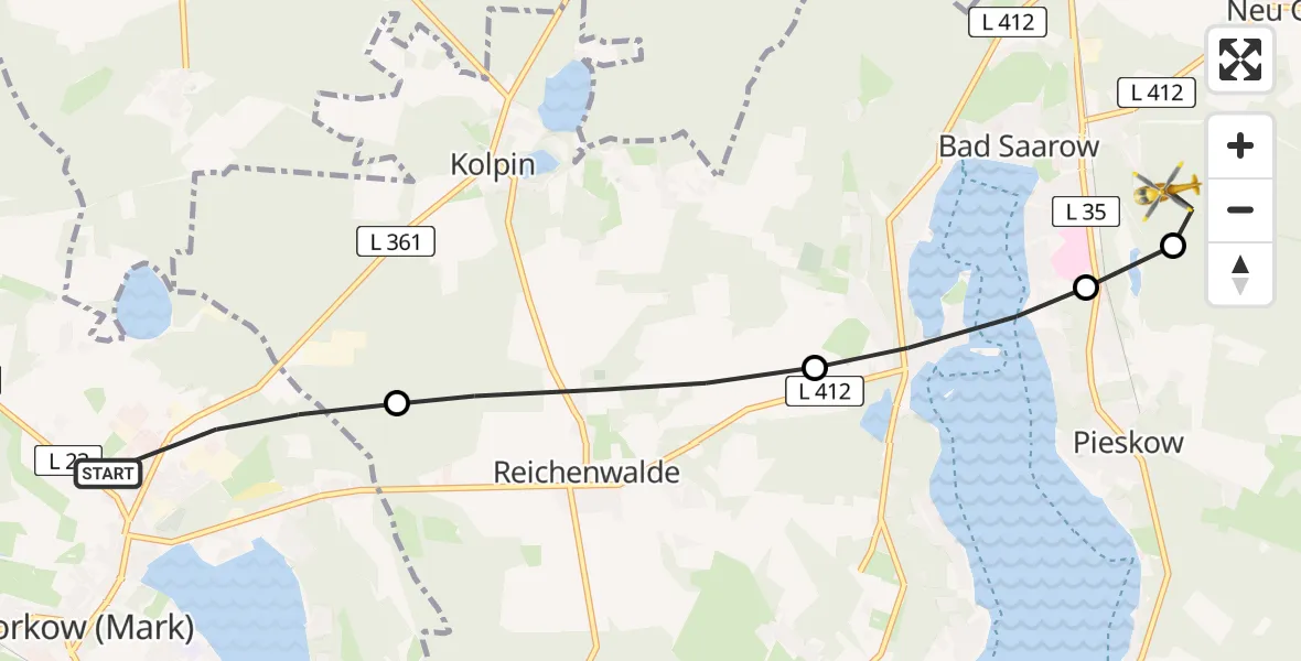 Flugroute Rettungshubschrauber Storkow (Mark) - Bad Saarow, 25 Mai 2026, 13:49