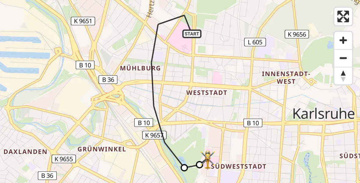 Flugroute Rettungshubschrauber Karlsruhe - Sankt Vincentius Hospital, 25 Mai 2026, 13:52