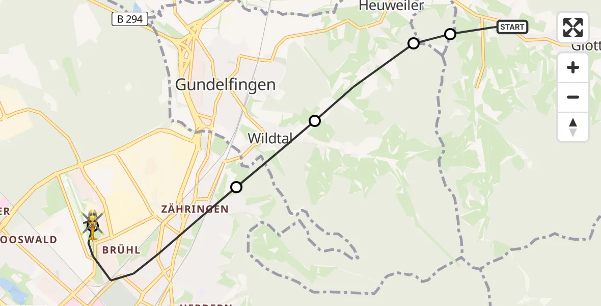 Flugroute Rettungshubschrauber Glottertal - Freiburg im Breisgau Flugplatz, 25 Mai 2026, 13:53
