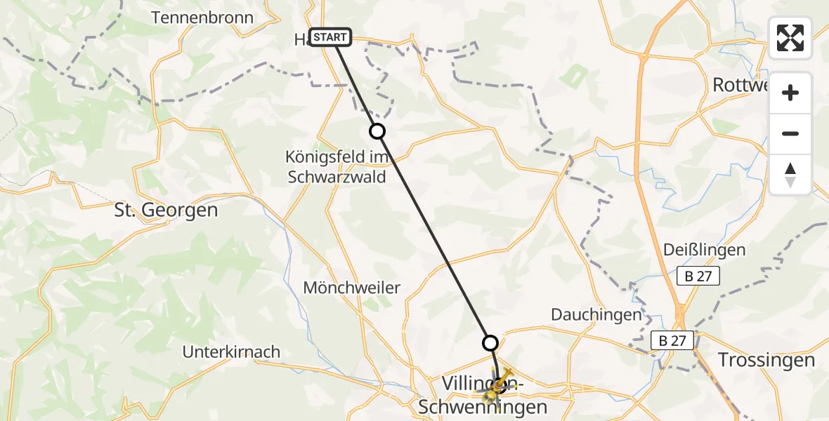 Flugroute Ambulanzhubschrauber Hardt - DRF Air Rescue Station Villingen-Schwenningen Hubschrauberlandeplatz (Christoph 11), 25 Mai 2026, 13:54