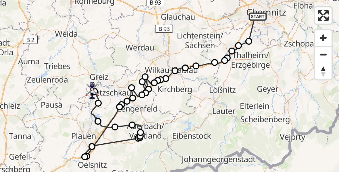 Flugroute Polizeihubschrauber Chemnitz - Elsterberg, 25 Mai 2026, 13:54