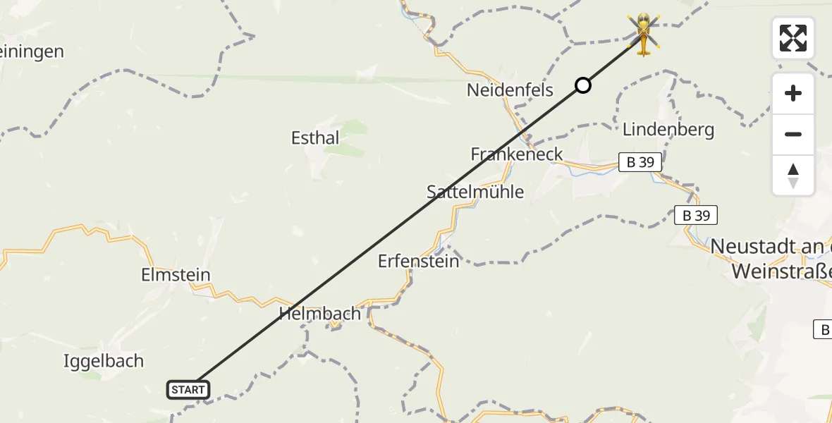 Flugroute Rettungshubschrauber Elmstein - Deidesheim, 25 Mai 2026, 14:04