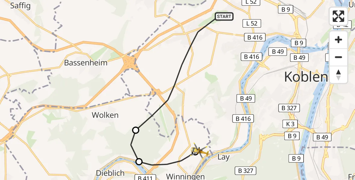 Flugroute Ambulanzhubschrauber Koblenz - Koblenz-Winningen Flugplatz, 25 Mai 2026, 14:06
