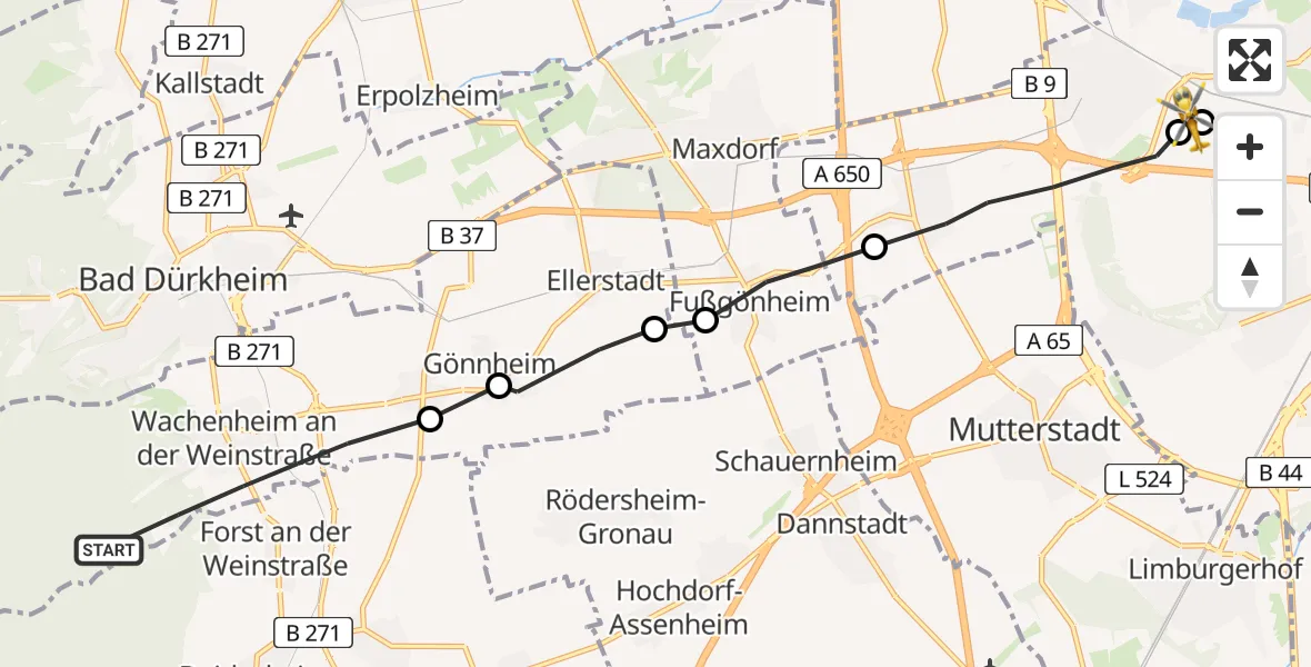 Flugroute Rettungshubschrauber Wachenheim an der Weinstraße - Ludwigshafen Accident Hospital, 25 Mai 2026, 14:09