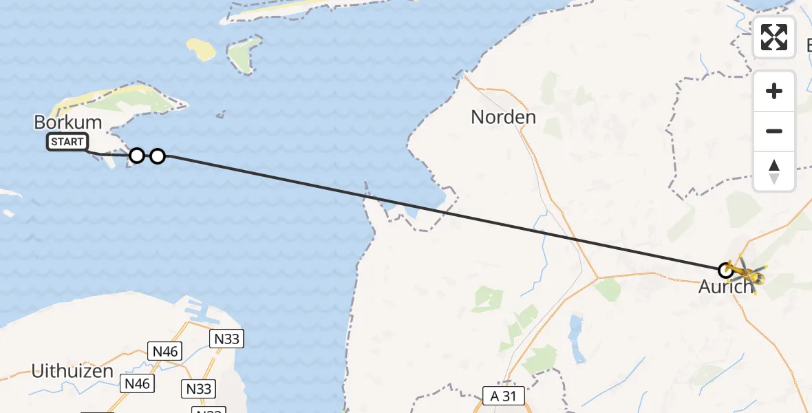 Flugroute Ambulanzhubschrauber Noordzee - Aurich, 25 Mai 2026, 14:12