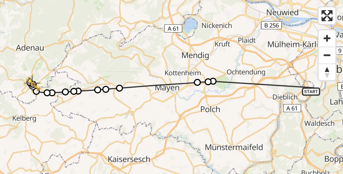 Flugroute Ambulanzhubschrauber Koblenz-Winningen Flugplatz - Nürburgring Hubschrauberlandeplatz, 25 Mai 2026, 14:15