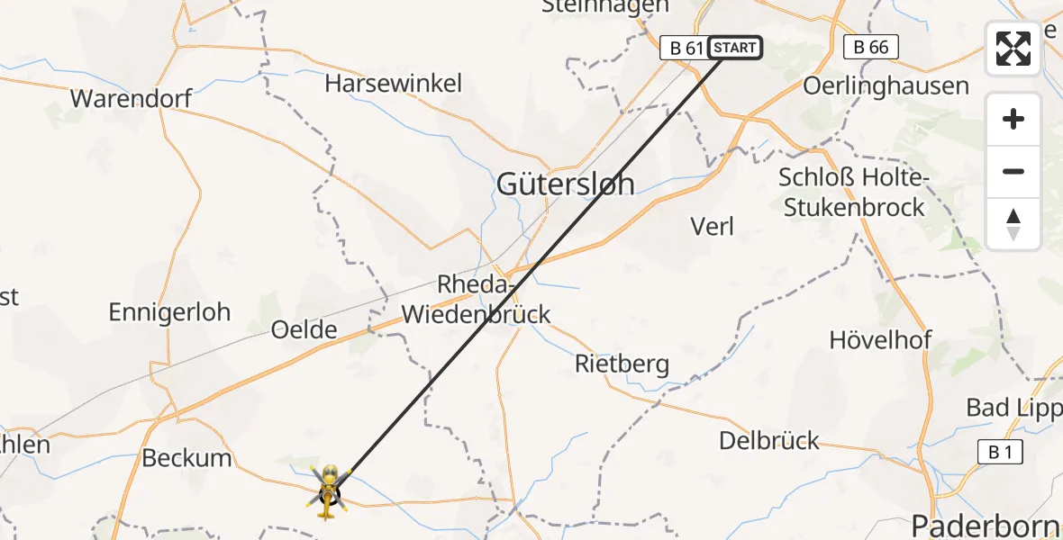 Flugroute Rettungshubschrauber Luftrettungszentrum Bielefeld - Wadersloh, 25 Mai 2026, 14:15