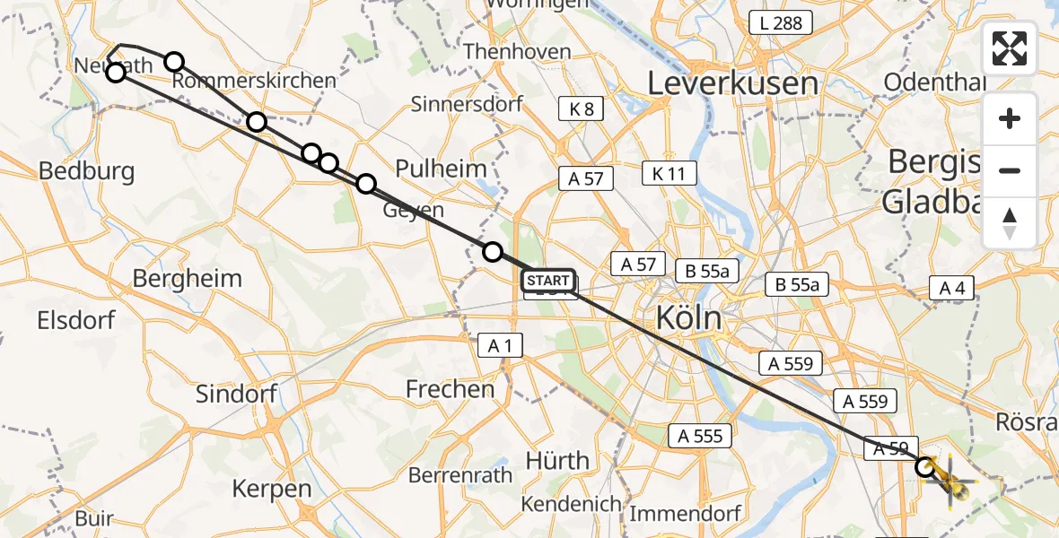 Flugroute Rettungshubschrauber Köln - Köln Bonn Flughafen, 25 Mai 2026, 14:27