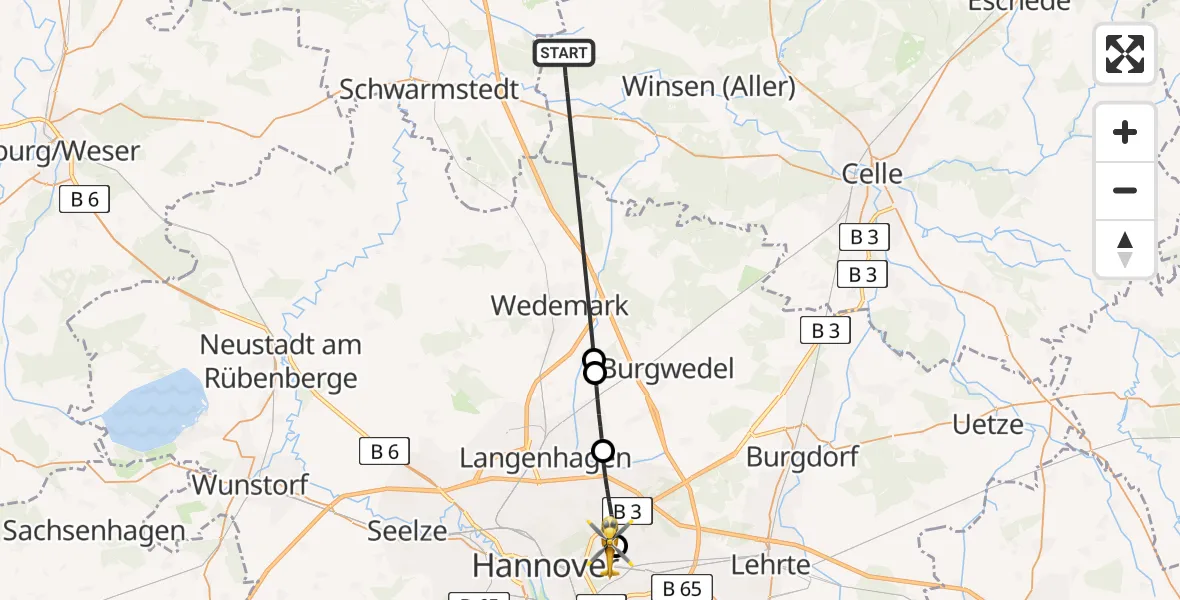 Flugroute Rettungshubschrauber Winsen (Aller) - Hannover Luftrettung Hubschrauberlandeplatz (Christoph 4), 25 Mai 2026, 14:27