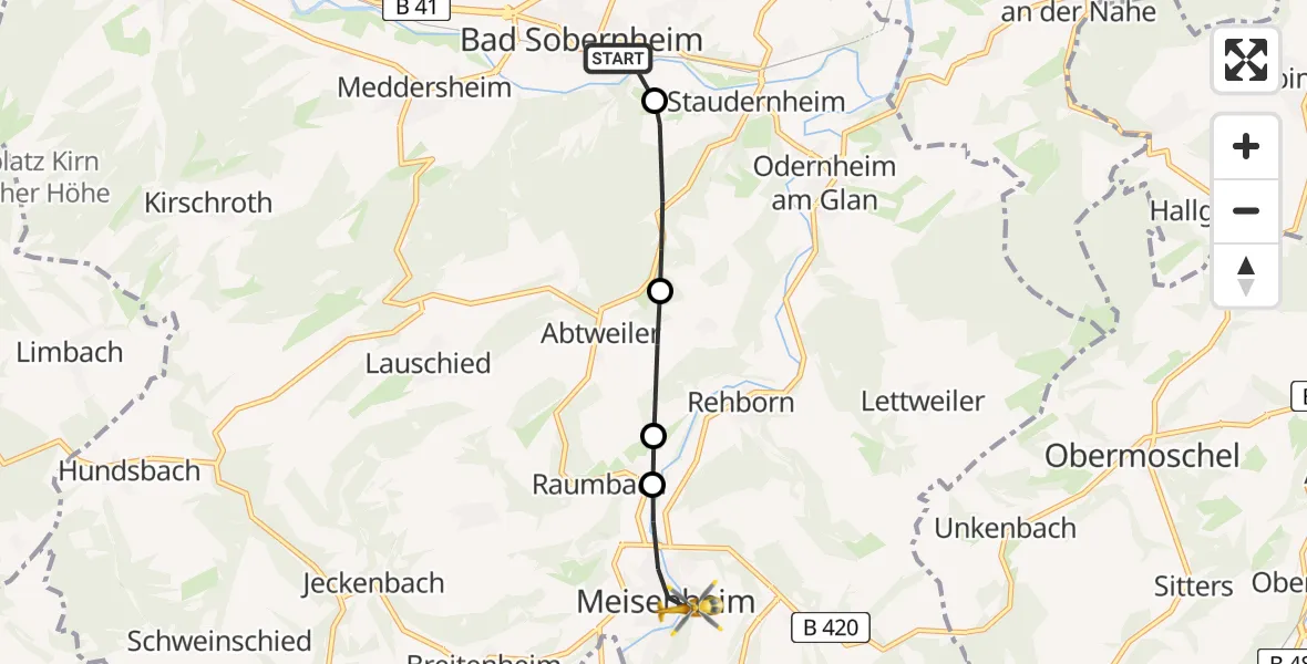 Flugroute Rettungshubschrauber Bad Sobernheim - Meisenheim, 25 Mai 2026, 14:36