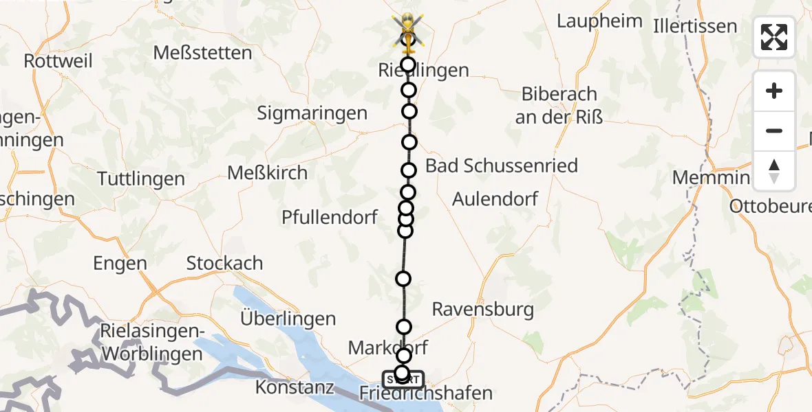Flugroute Rettungshubschrauber Friedrichshafen Hospital - Zwiefalten, 25 Mai 2026, 14:38