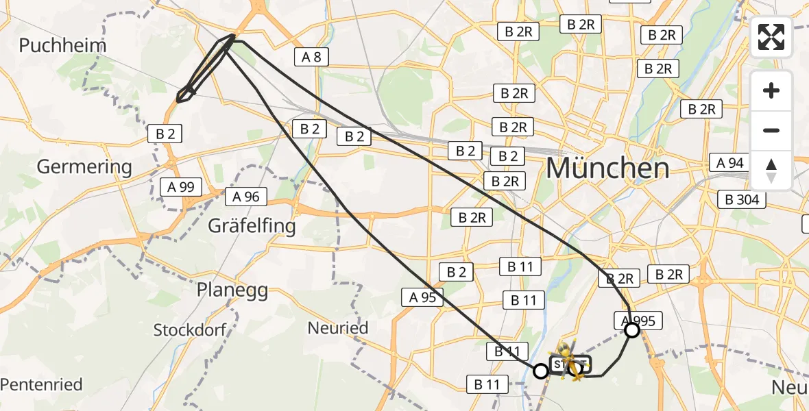 Flugroute Rettungshubschrauber ADAC Air Rescue Center Hubschrauberlandeplatz (Christoph 1) - ADAC Air Rescue Center Hubschrauberlandeplatz (Christoph 1), 25 Mai 2026, 14:39