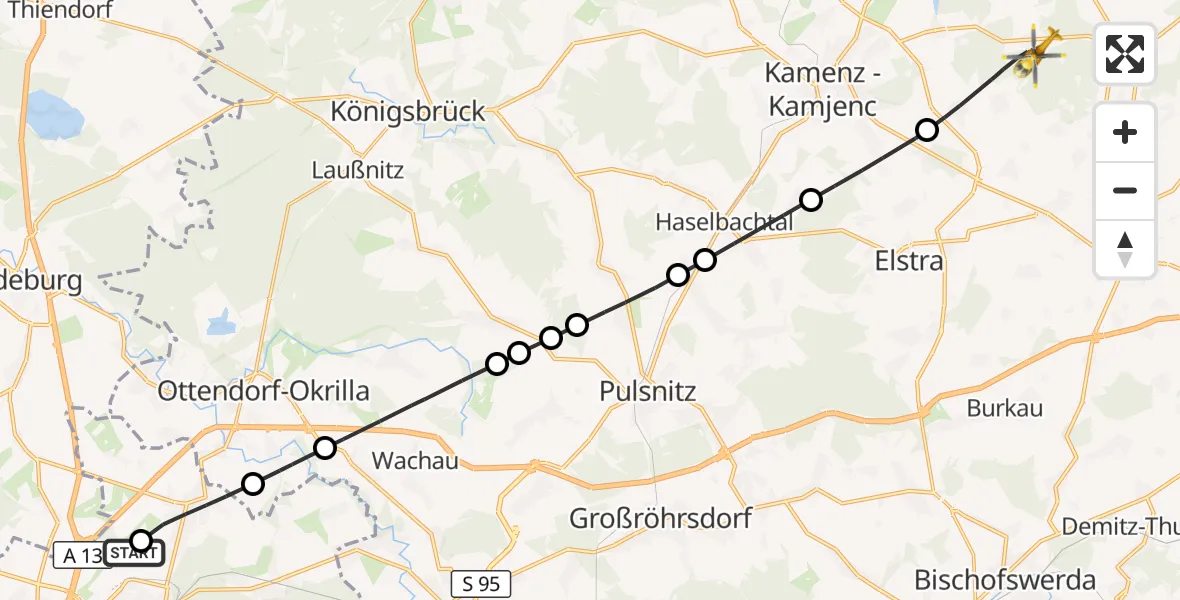 Flugroute Rettungshubschrauber Dresden Bundespolizei Hubschrauberlandeplatz - Nebelschütz, 25 Mai 2026, 14:43