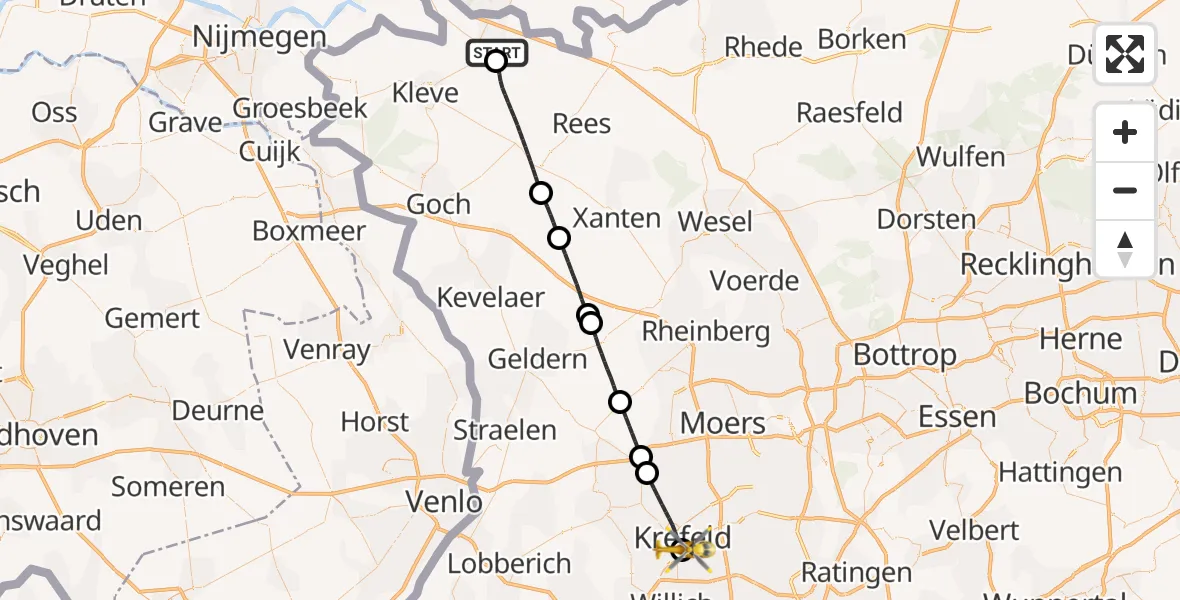 Flugroute Rettungshubschrauber Emmerich am Rhein - Helios Clinic Krefeld, 25 Mai 2026, 14:44