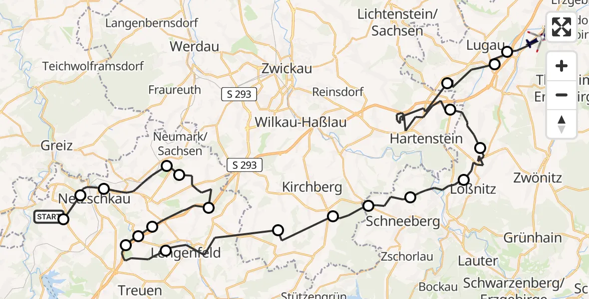 Flugroute Polizeihubschrauber Elsterberg - Niederdorf, 25 Mai 2026, 14:46