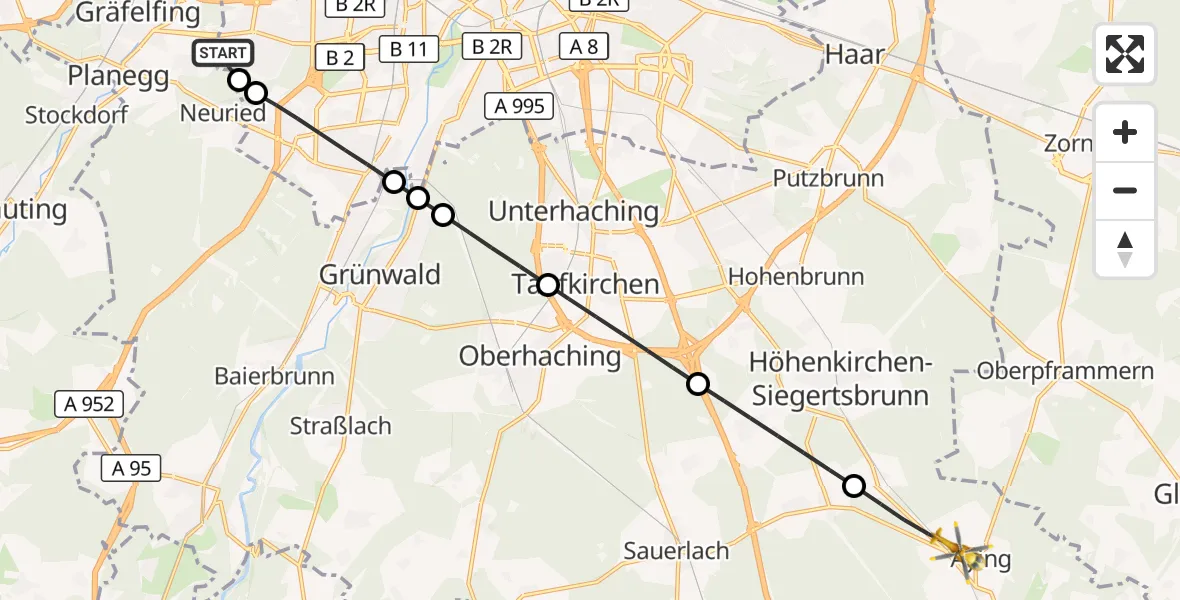 Flugroute Rettungshubschrauber DRF Air Rescue München Hubschrauberlandeplatz - Aying, 25 Mai 2026, 14:48