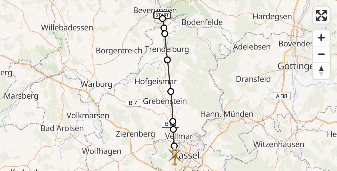 Flugroute Rettungshubschrauber Lauenförde - Kassel, 25 Mai 2026, 14:50
