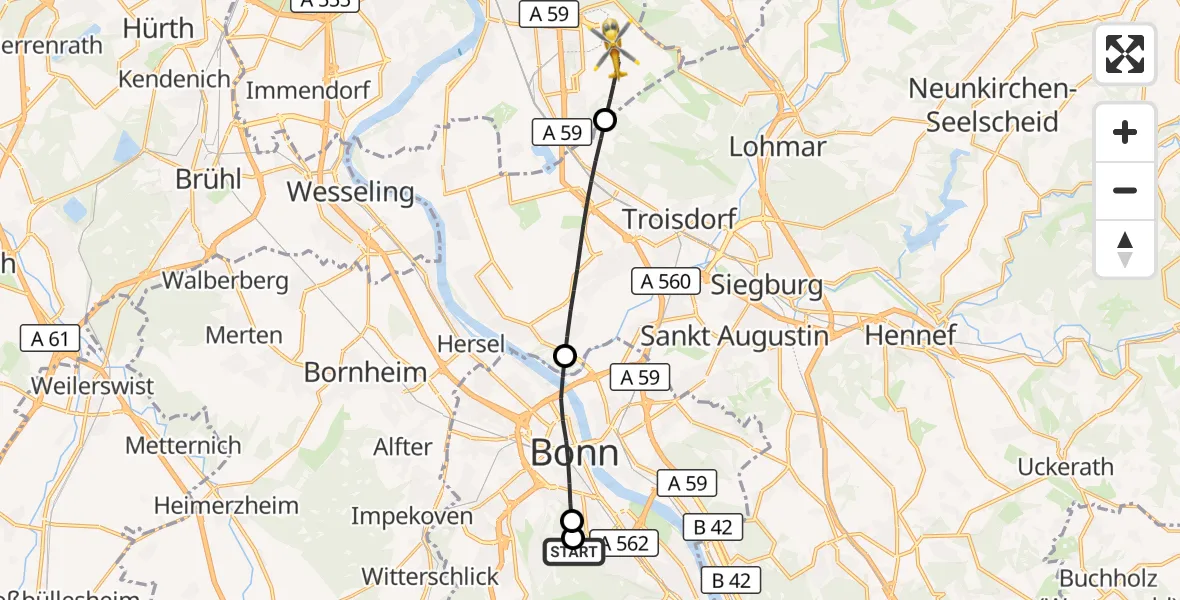 Flugroute Rettungshubschrauber Bonn University Hospital - Köln Bonn Flughafen, 25 Mai 2026, 14:52