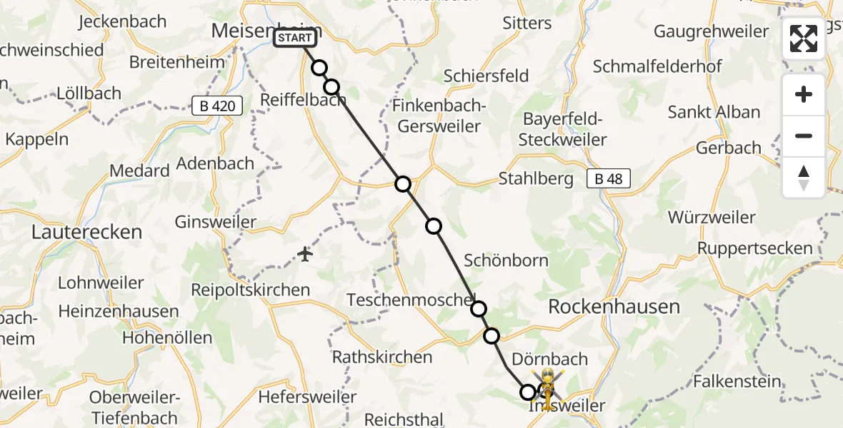Flugroute Rettungshubschrauber Meisenheim - Imsweiler UL, 25 Mai 2026, 15:00