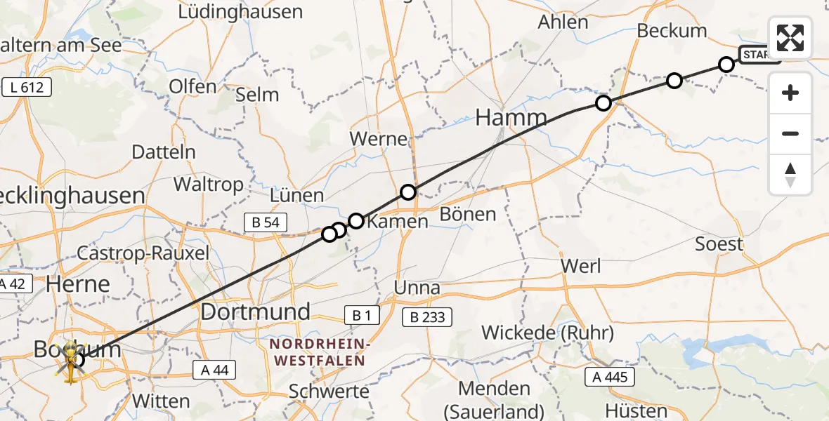 Flugroute Rettungshubschrauber Wadersloh - Bochum, 25 Mai 2026, 15:02