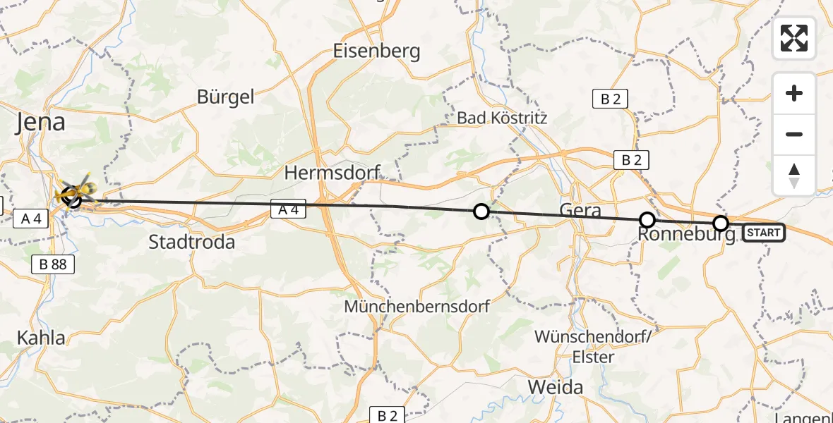 Flugroute Rettungshubschrauber Posterstein - Jena University Hospital, 25 Mai 2026, 15:10