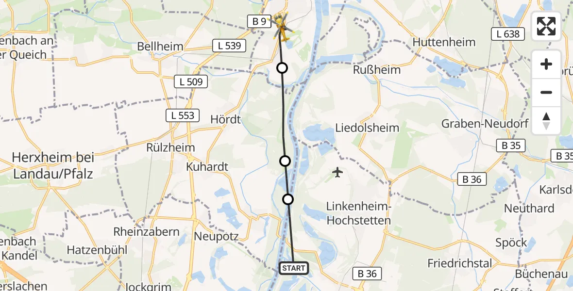 Flugroute Rettungshubschrauber Eggenstein-Leopoldshafen - Germersheim, 25 Mai 2026, 15:22