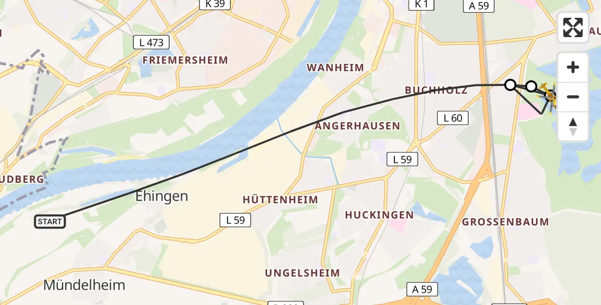Flugroute Rettungshubschrauber Duisburg - Duisburg Air Rescue Hubschrauberlandeplatz (Christoph 9), 25 Mai 2026, 15:22