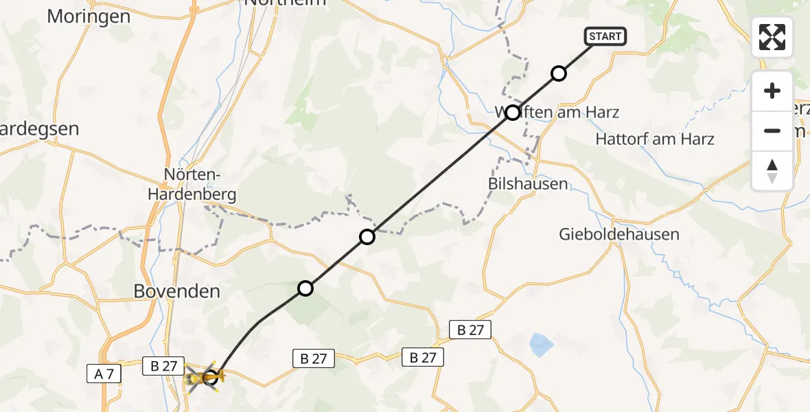 Flugroute Ambulanzhubschrauber Osterode am Harz - Göttingen University Clinic Hubschrauberlandeplatz, 25 Mai 2026, 15:22