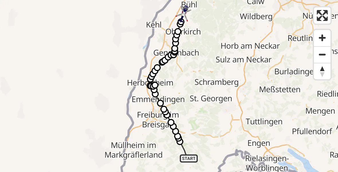 Flugroute Polizeihubschrauber St. Blasien - Achern, 25 Mai 2026, 15:22