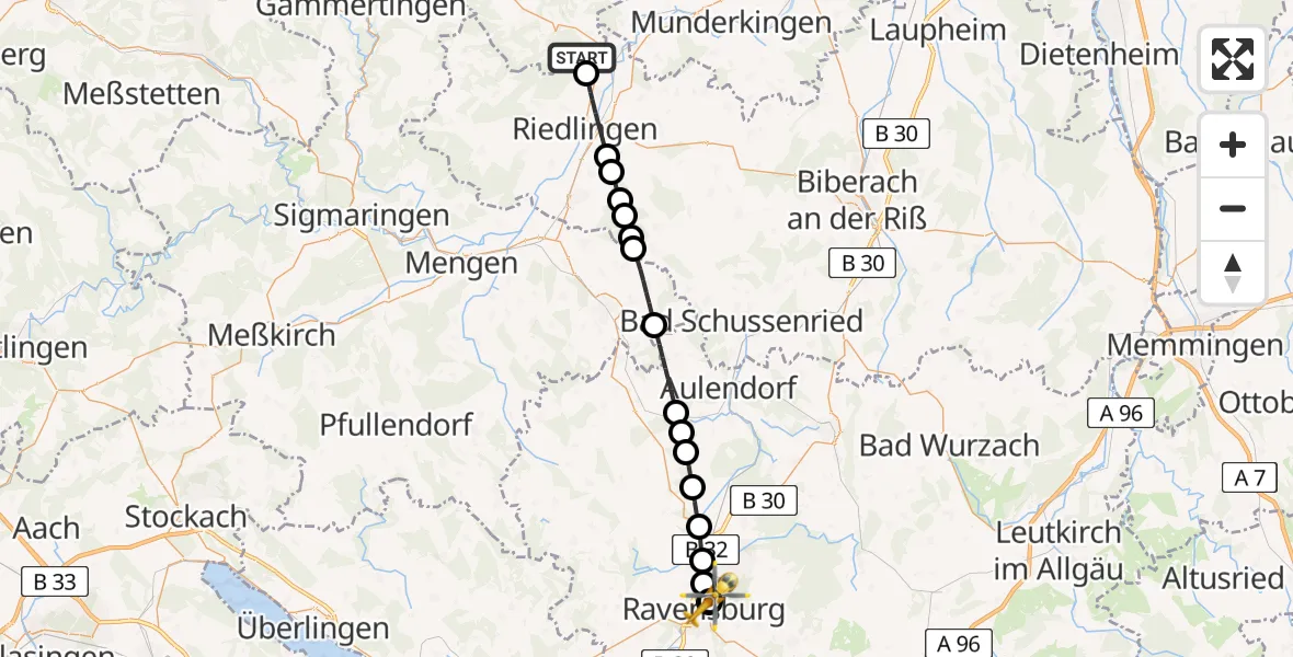 Flugroute Rettungshubschrauber Zwiefalten - Sankt Elisabeth Hospital, 25 Mai 2026, 15:30