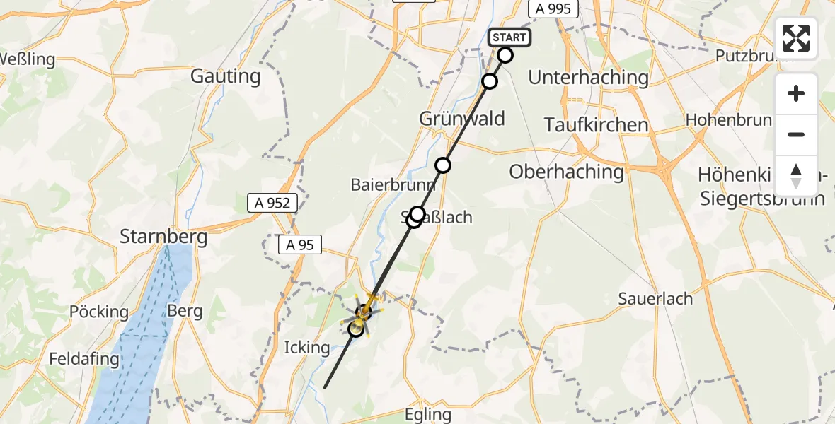 Flugroute Rettungshubschrauber ADAC Air Rescue Center Hubschrauberlandeplatz (Christoph 1) - Schäftlarn, 25 Mai 2026, 15:32