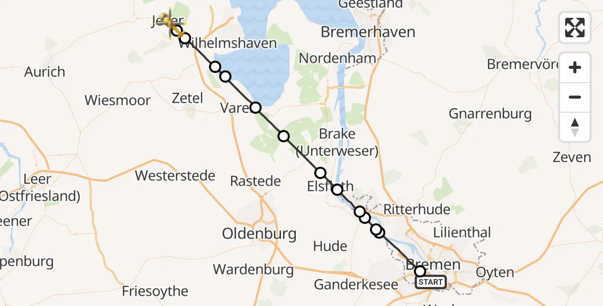 Flugroute Rettungshubschrauber Flughafen Bremen - Jever, 25 Mai 2026, 15:40