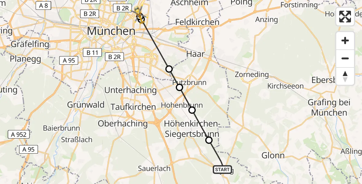 Flugroute Rettungshubschrauber Aying - München Bogenhausen Hospital, 25 Mai 2026, 15:40