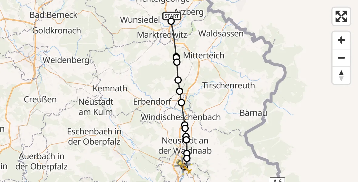 Flugroute Rettungshubschrauber Thiersheim - Weiden Hospital, 25 Mai 2026, 15:48